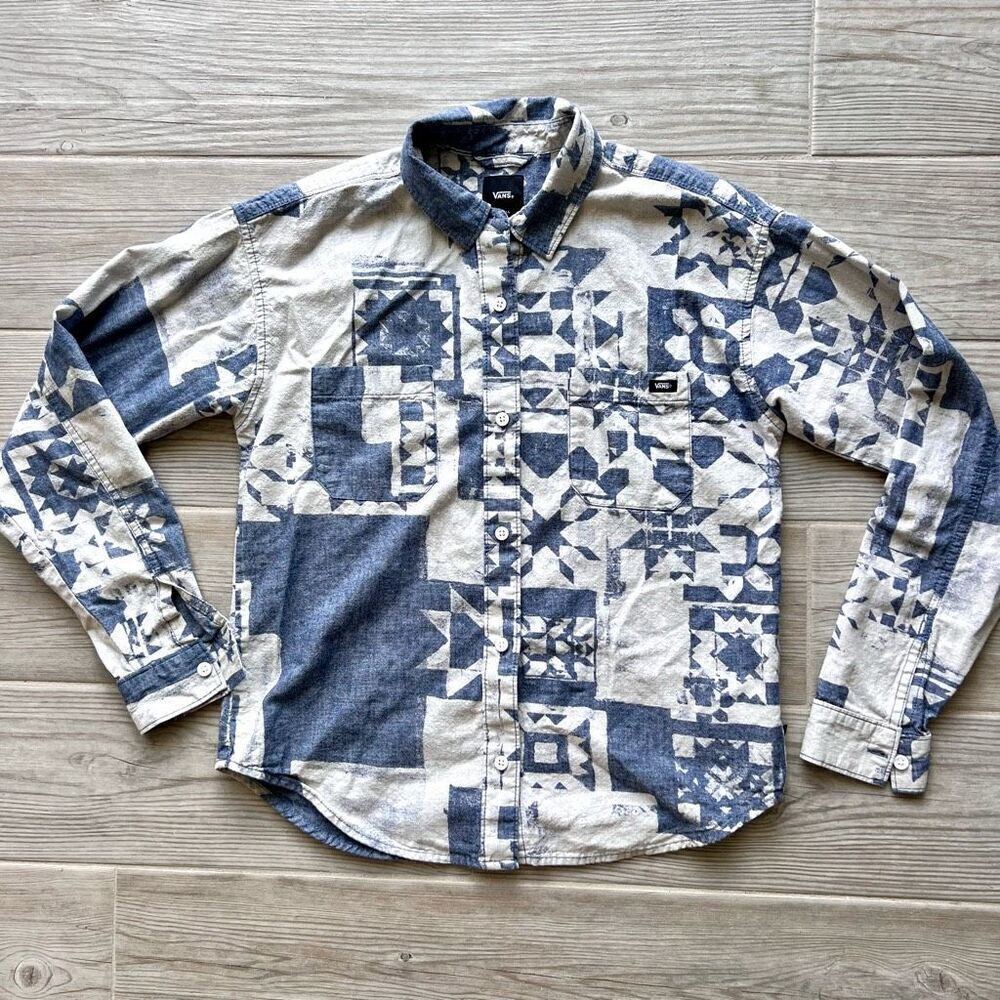 Vans Women's Ashley Blue Geometric Homespun Long Sleeve Woven Top Size X-Small‎